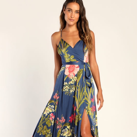 Lulus Still The One Blue Floral Print Satin Maxi Dress - Size L - Picture 1 of 2